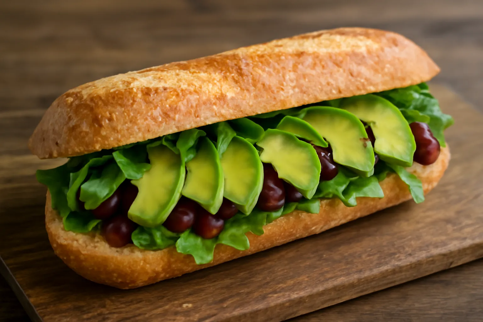 Ổ bánh mì với bơ trái, đậu và rau tươi