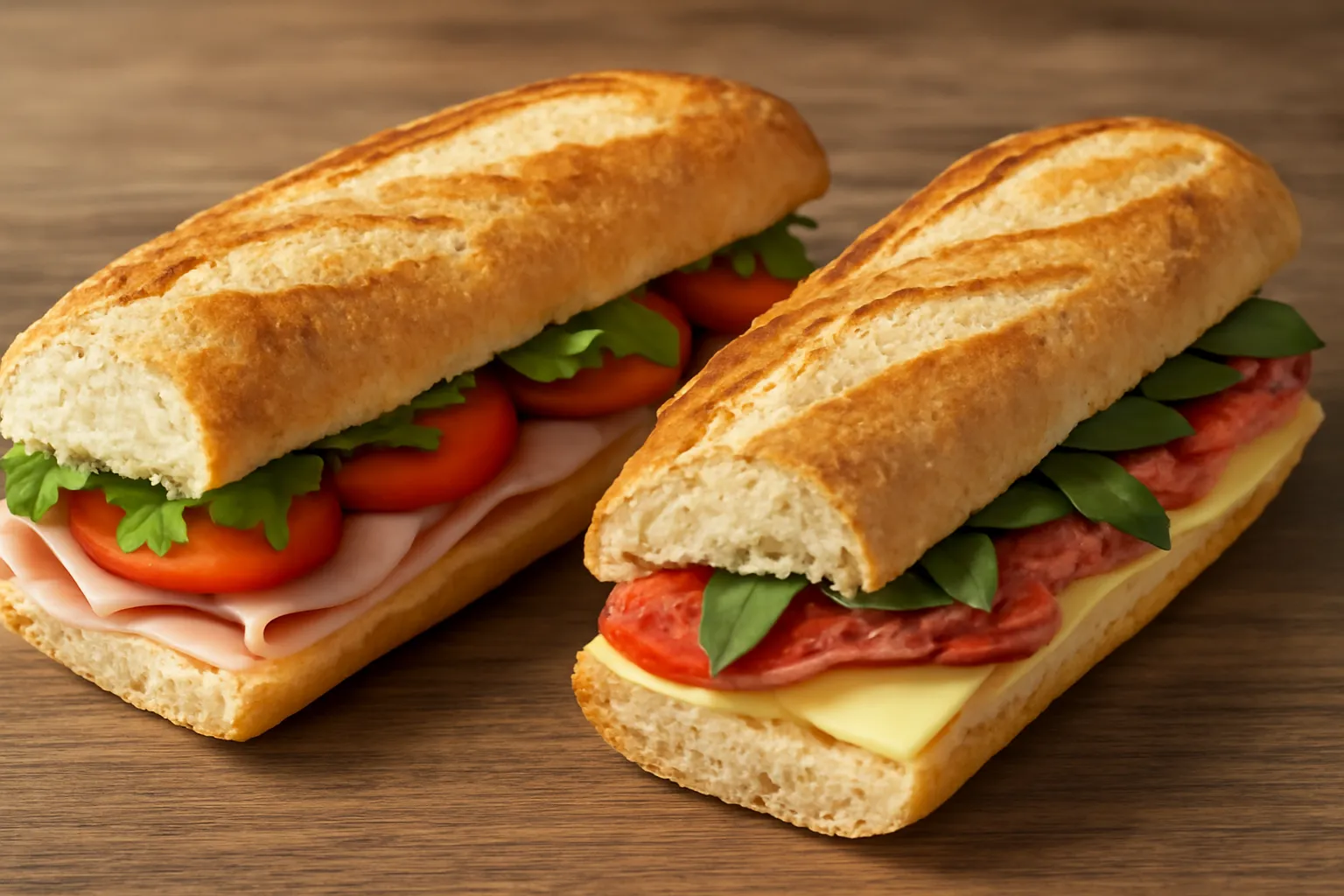 Hai ổ bánh mì khác nhau đặt cạnh nhau trên bàn