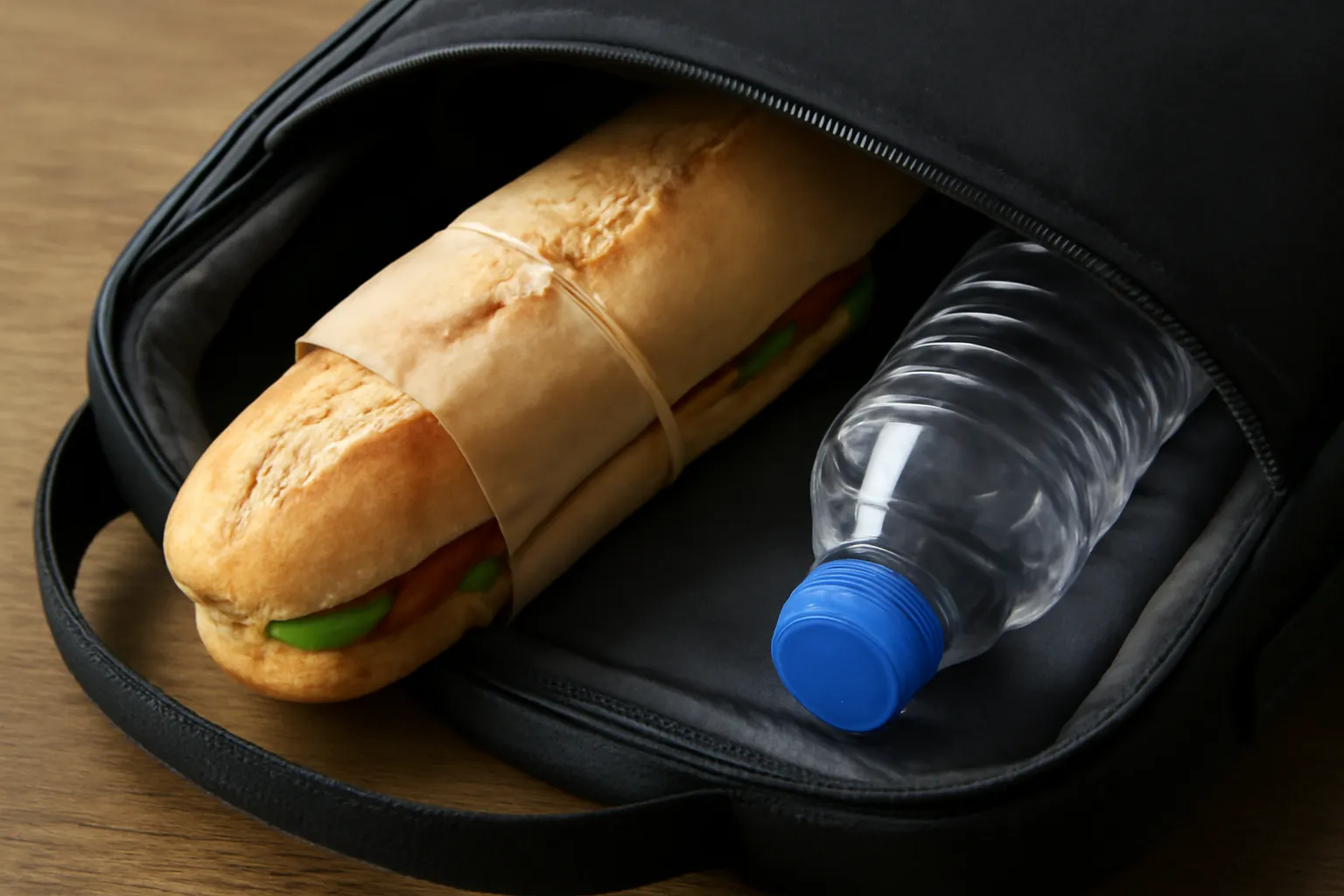 Ổ bánh mì gói giấy nằm trong túi đi làm