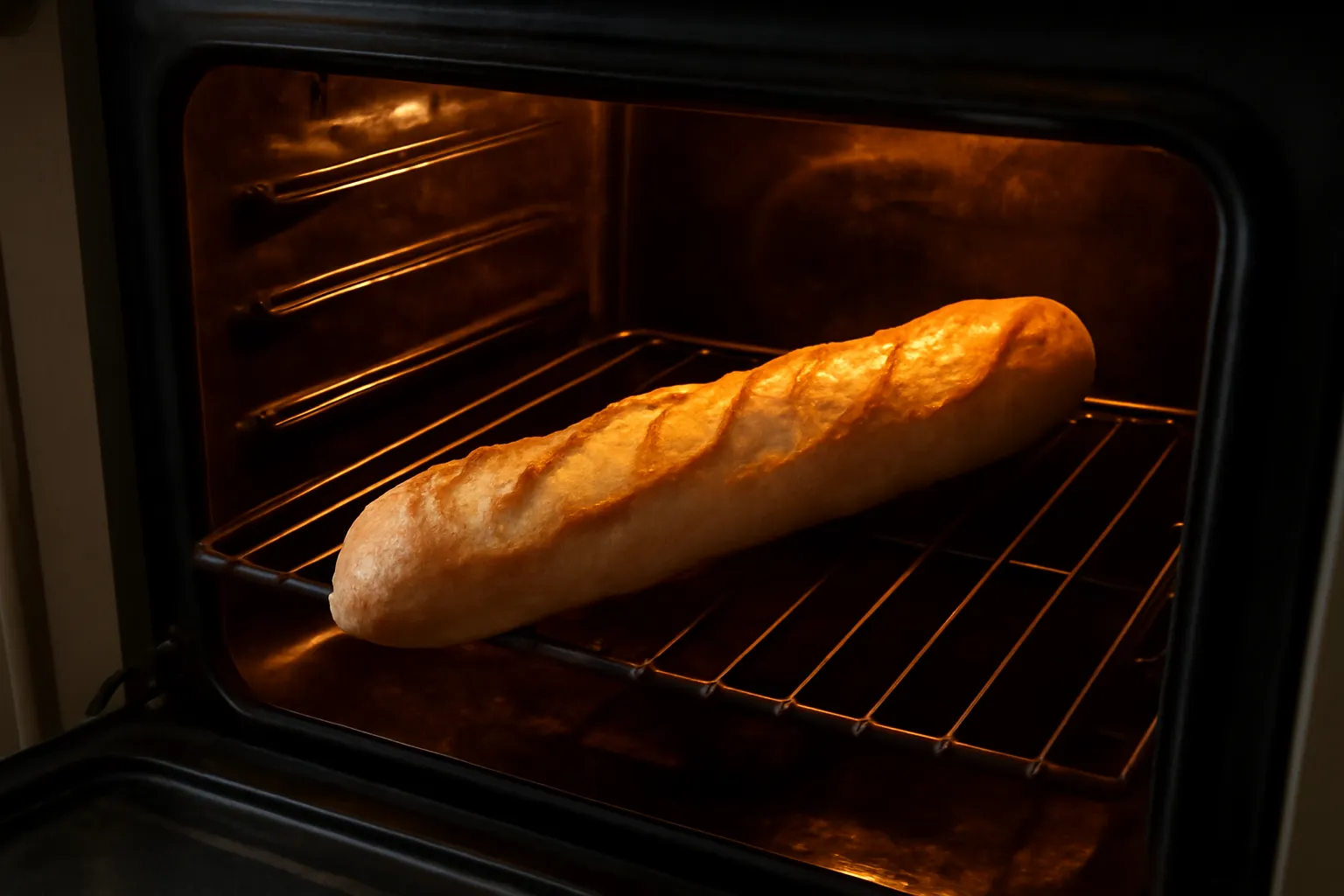 Ổ bánh mì đang nướng lại trong lò