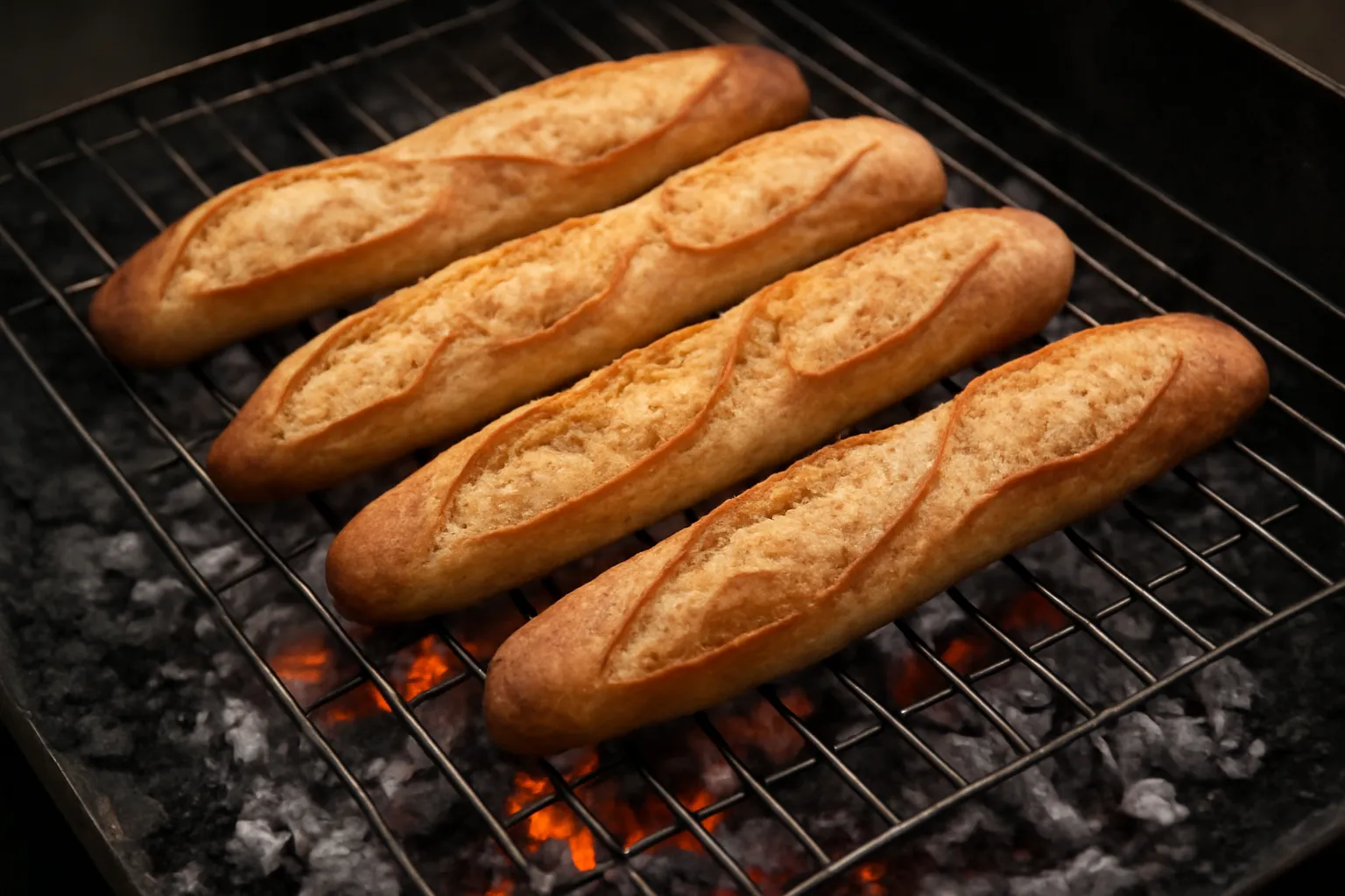 Ổ bánh mì đang nướng lại trên vỉ than