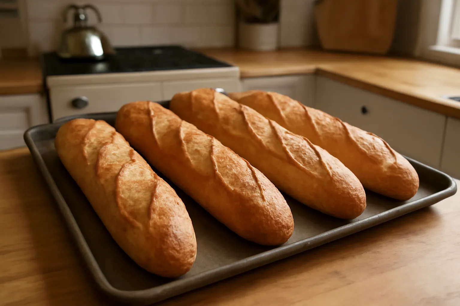 Vài ổ bánh mì mới nướng trên khay trong bếp nhà