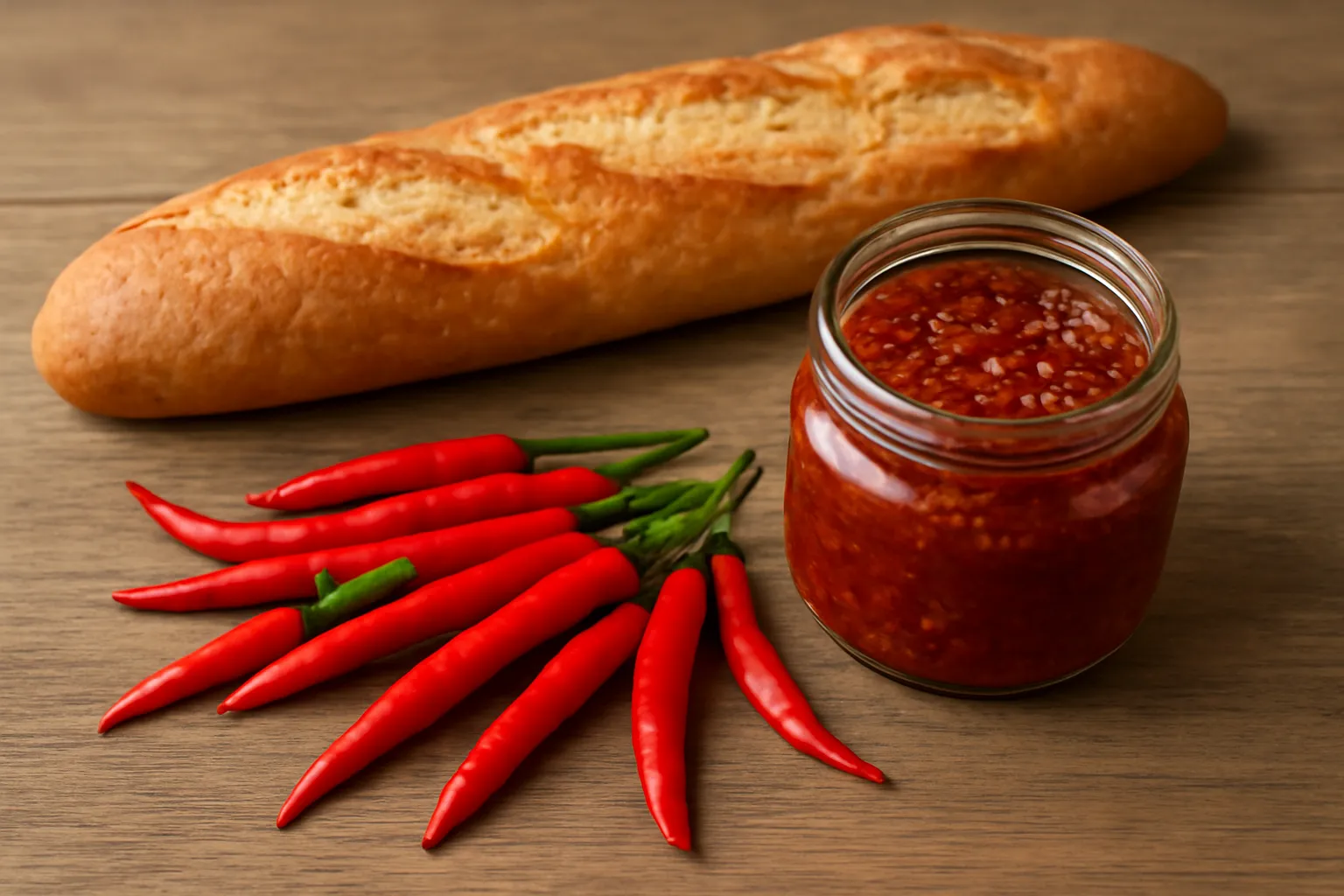Ớt tươi và hũ sa tế đặt cạnh ổ bánh mì