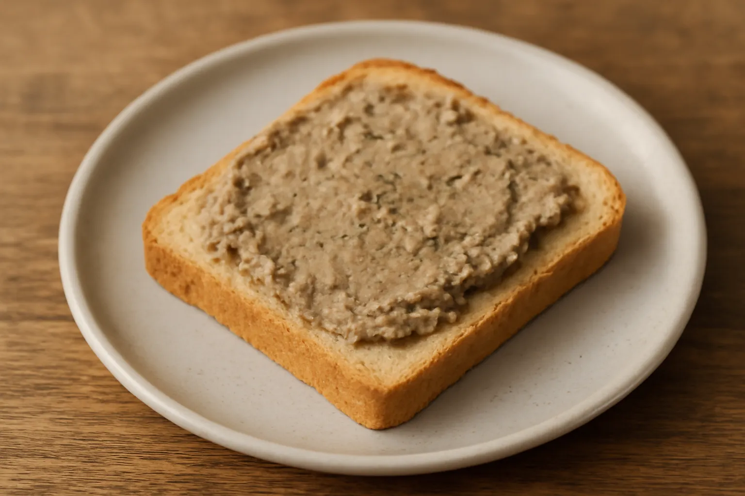 Miếng bánh phết pate chay đặt trên đĩa nhỏ