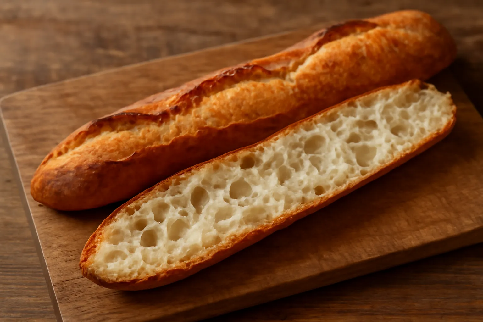 Ổ bánh mì rạch dọc mở ra trên thớt gỗ