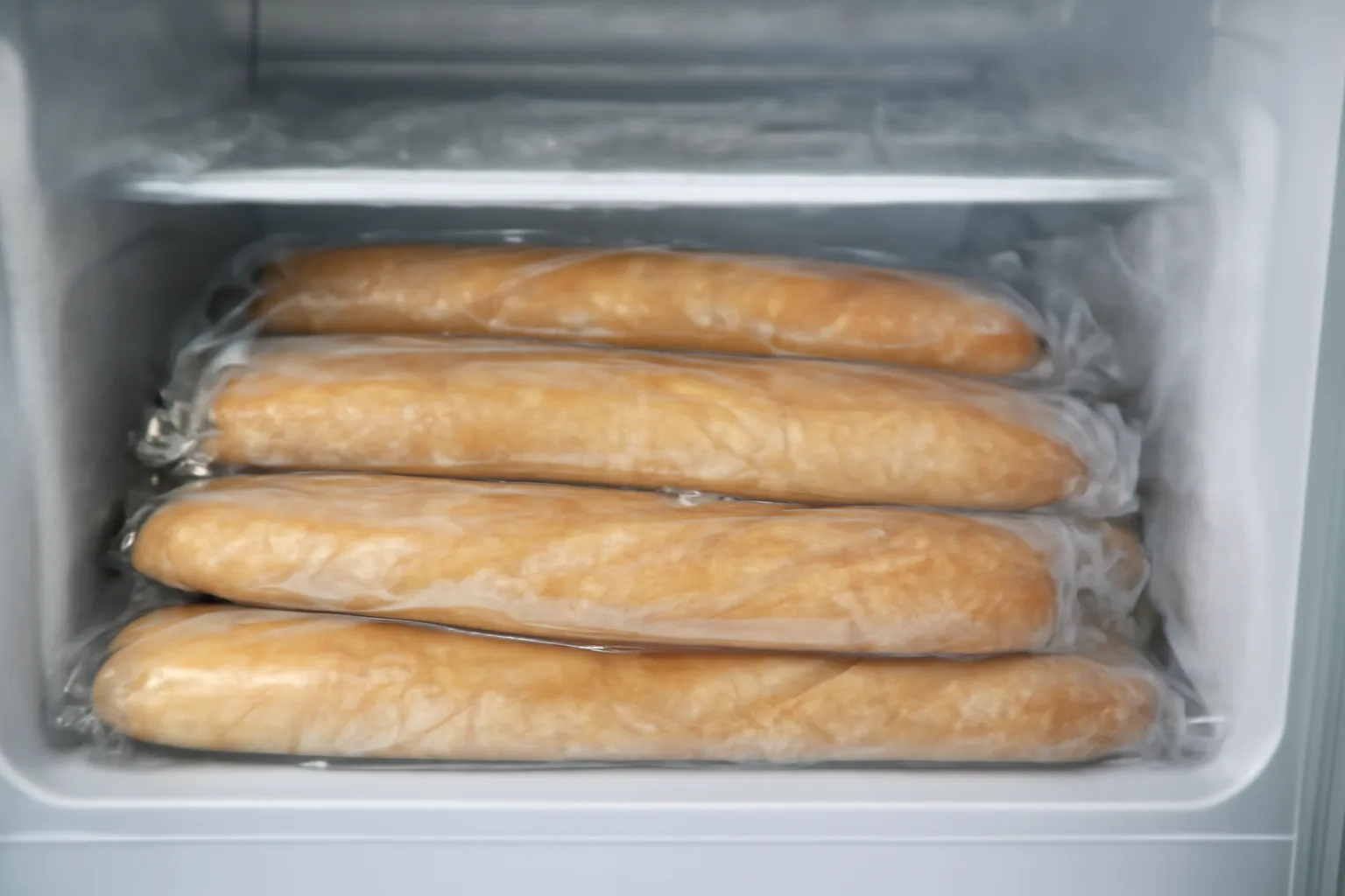 Ổ bánh mì bọc kín xếp trong ngăn đông