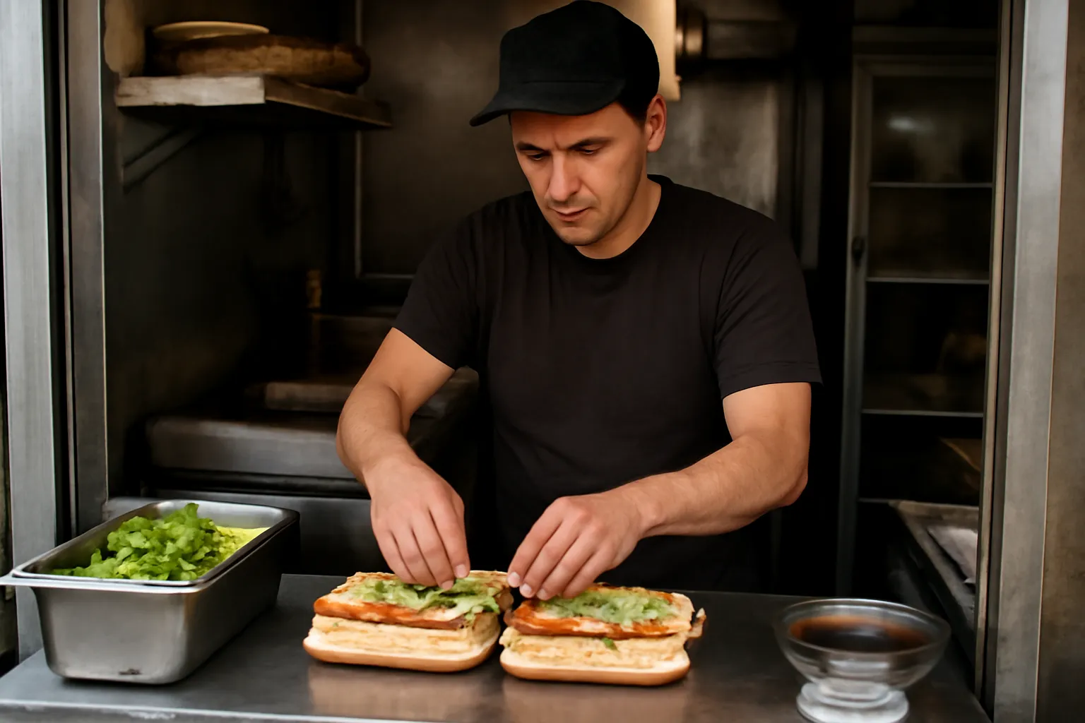 Người bán đứng làm bánh mì tại quầy nhỏ